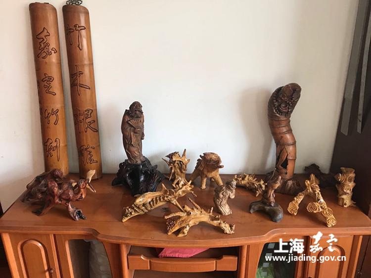 嘉定新城(马陆镇)仓新居委有一位花甲之年的老人,16岁起,就开始钻研绘画、雕刻。渐渐地,他把兴趣变成了手艺,足足雕刻了40多年,作品达到了上百件,其中不少作品在全国展出。他,就是根雕达人张建忠。 走进张建忠家,映入眼帘的便是一个小型的根雕展览室,里面摆放着各式各样的根雕作品。每一件作品都是根据竹根或树根的原形,进行加工创作,作品种类繁多,栩栩如生。我根雕已经做了40多年了,有些好的作品就被老板收藏去,有些就自己保留起来。年轻的时候有时候12个小时,有时候24个小时帮别人雕刻,张建忠如是说。 除了根雕展